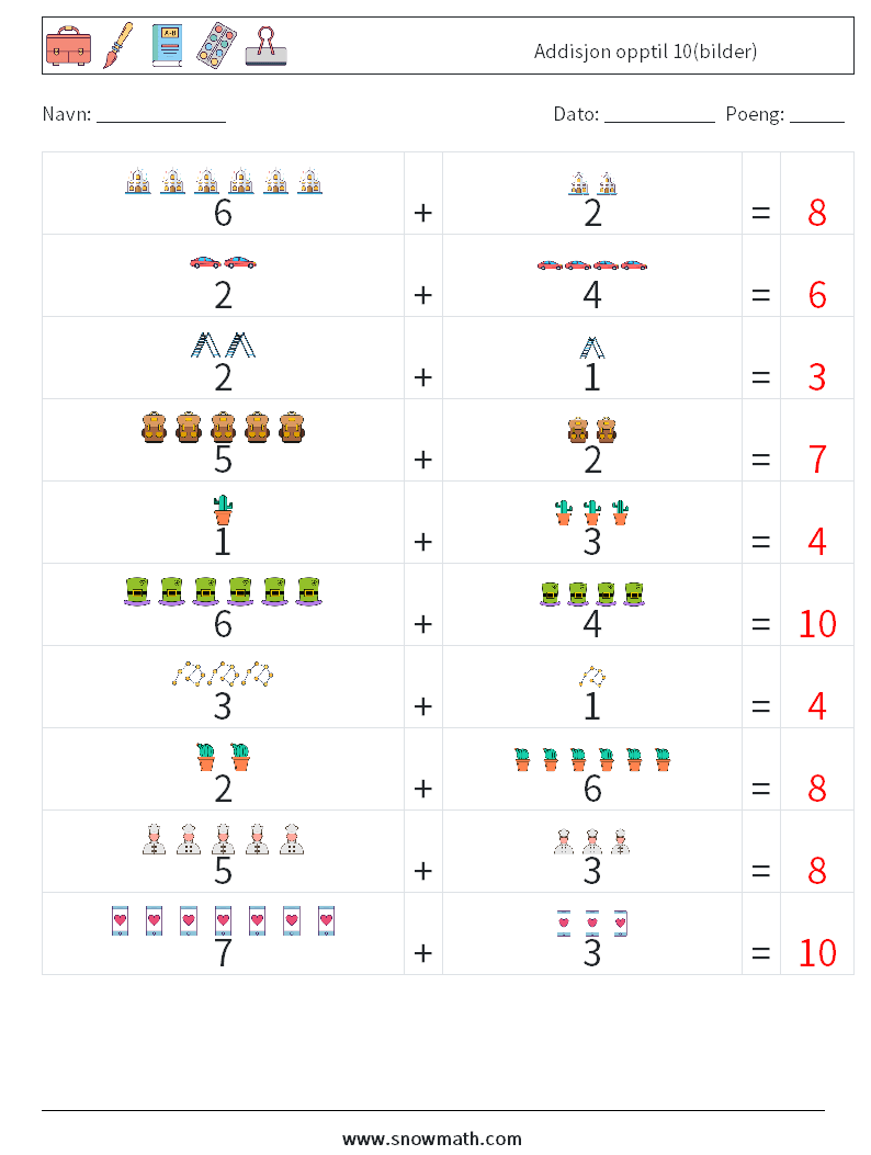 Addisjon opptil 10(bilder) MathWorksheets 8 QuestionAnswer