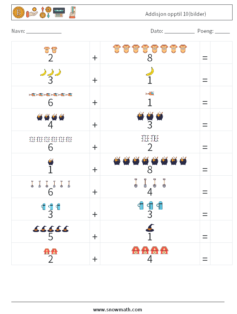 Addisjon opptil 10(bilder) MathWorksheets 9