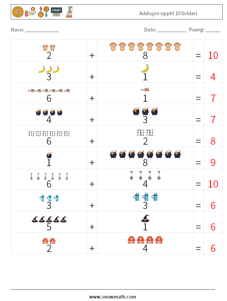 Addisjon opptil 10(bilder) MathWorksheets 9 QuestionAnswer