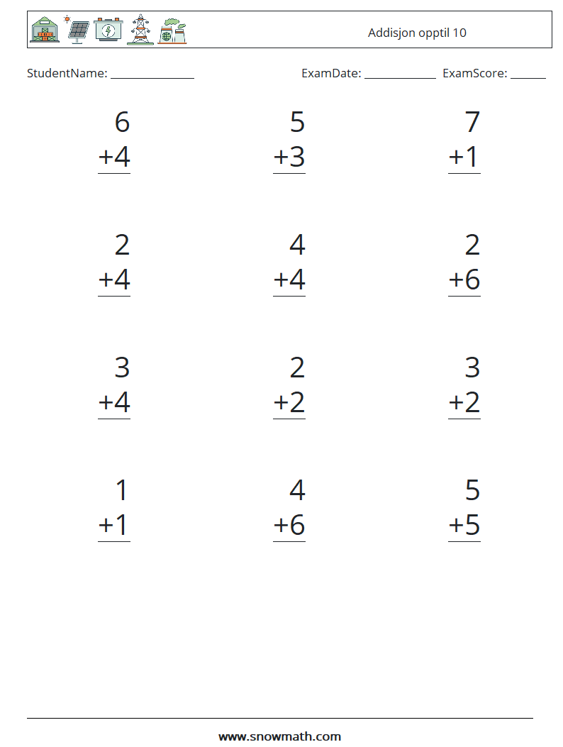 (12) Addisjon opptil 10 MathWorksheets 1