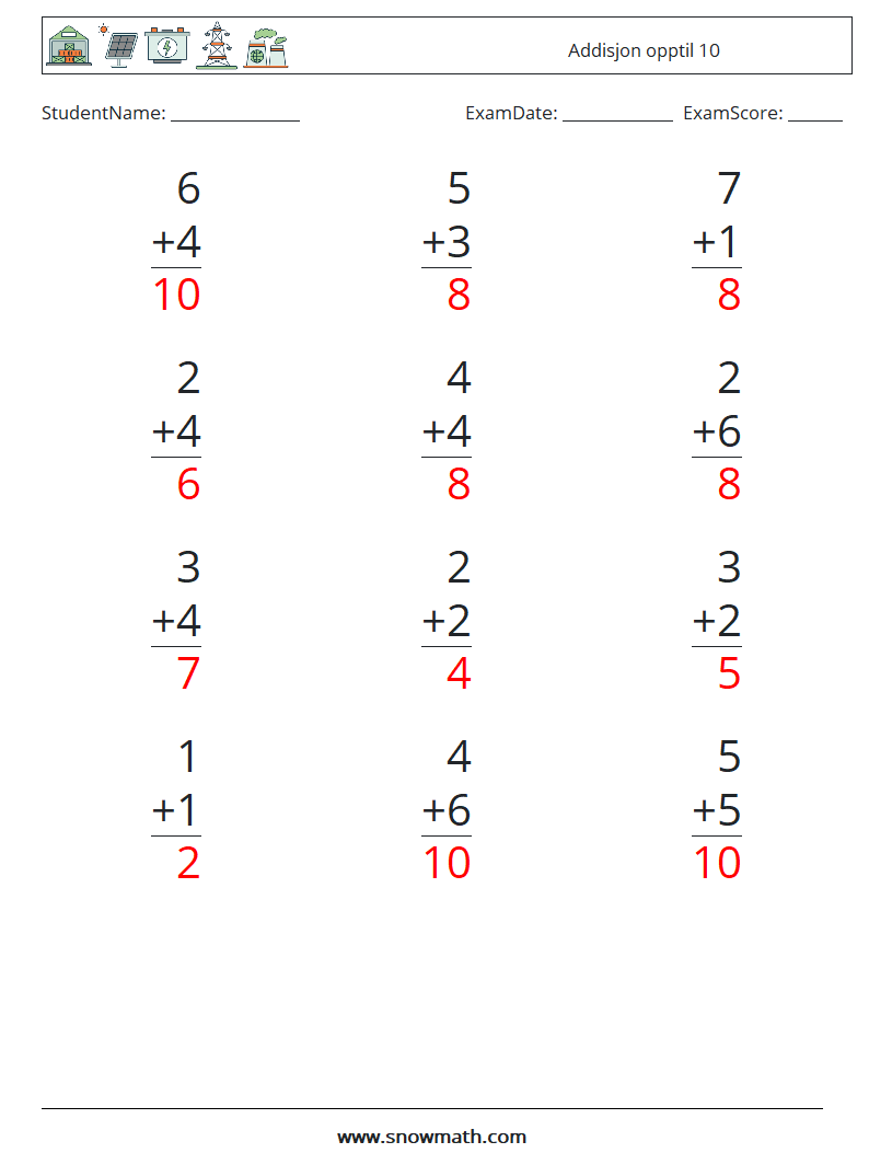 (12) Addisjon opptil 10 MathWorksheets 1 QuestionAnswer