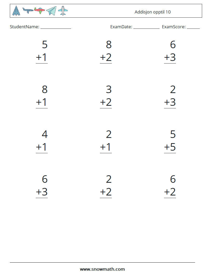 (12) Addisjon opptil 10 MathWorksheets 2