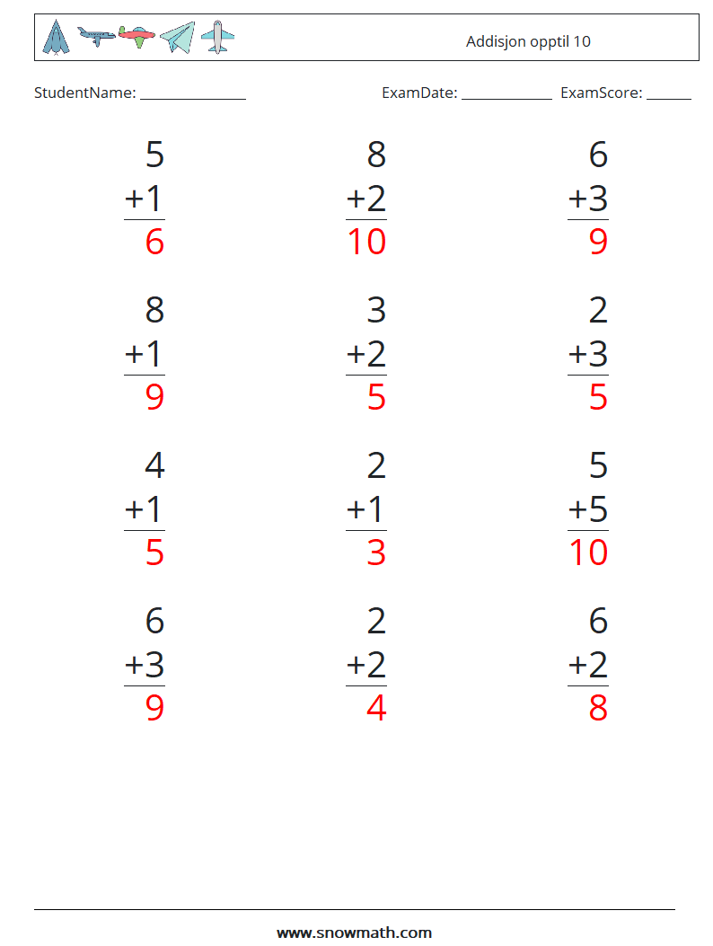 (12) Addisjon opptil 10 MathWorksheets 2 QuestionAnswer