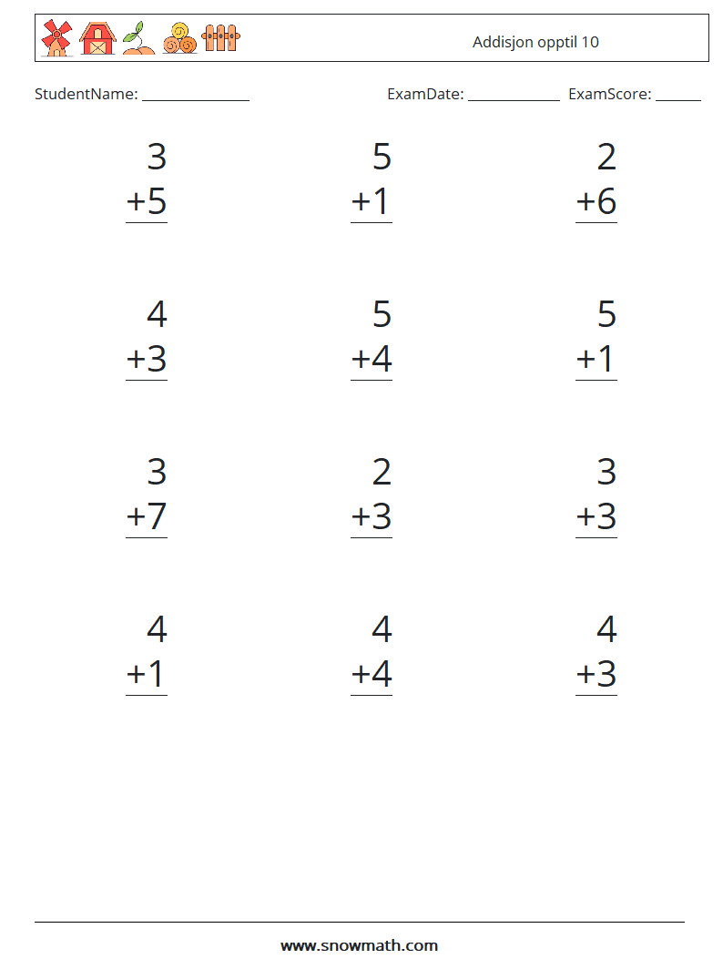 (12) Addisjon opptil 10 MathWorksheets 3