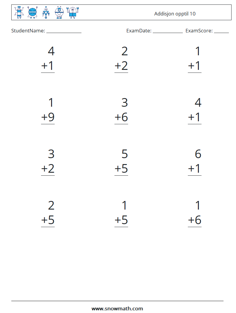 (12) Addisjon opptil 10 MathWorksheets 4