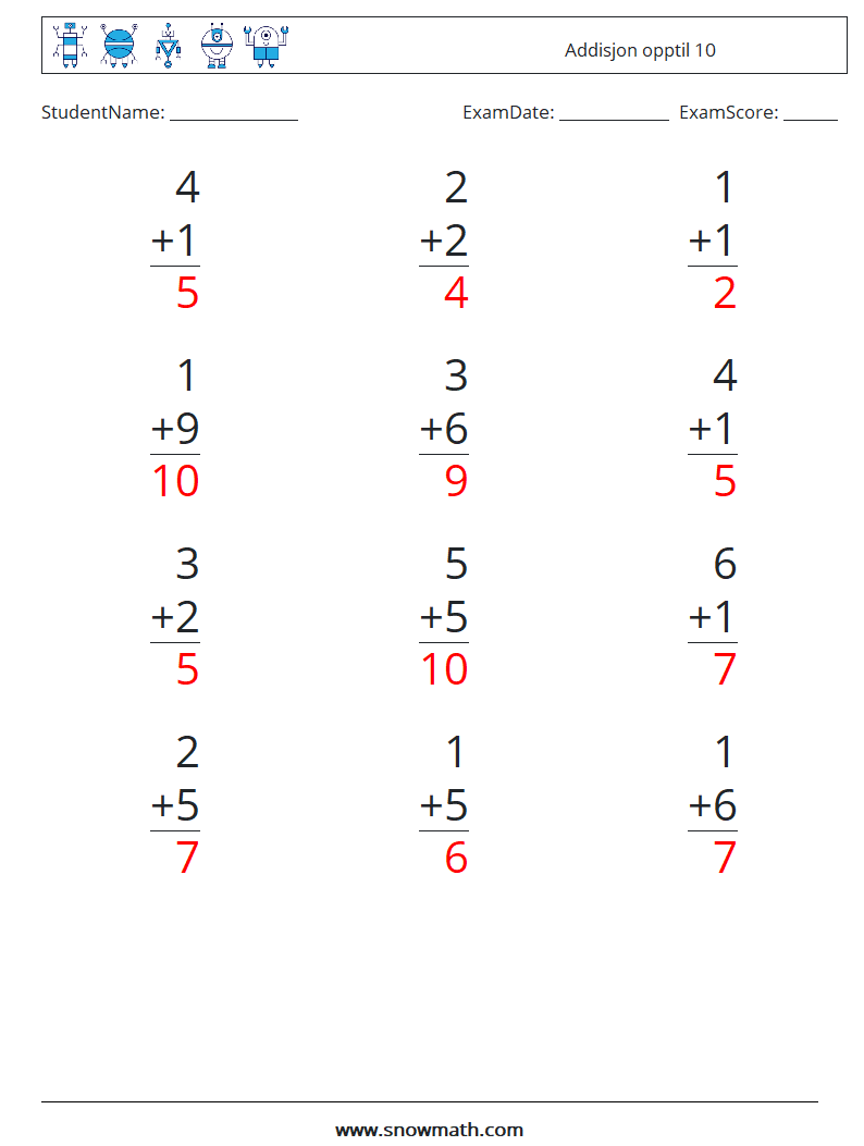 (12) Addisjon opptil 10 MathWorksheets 4 QuestionAnswer