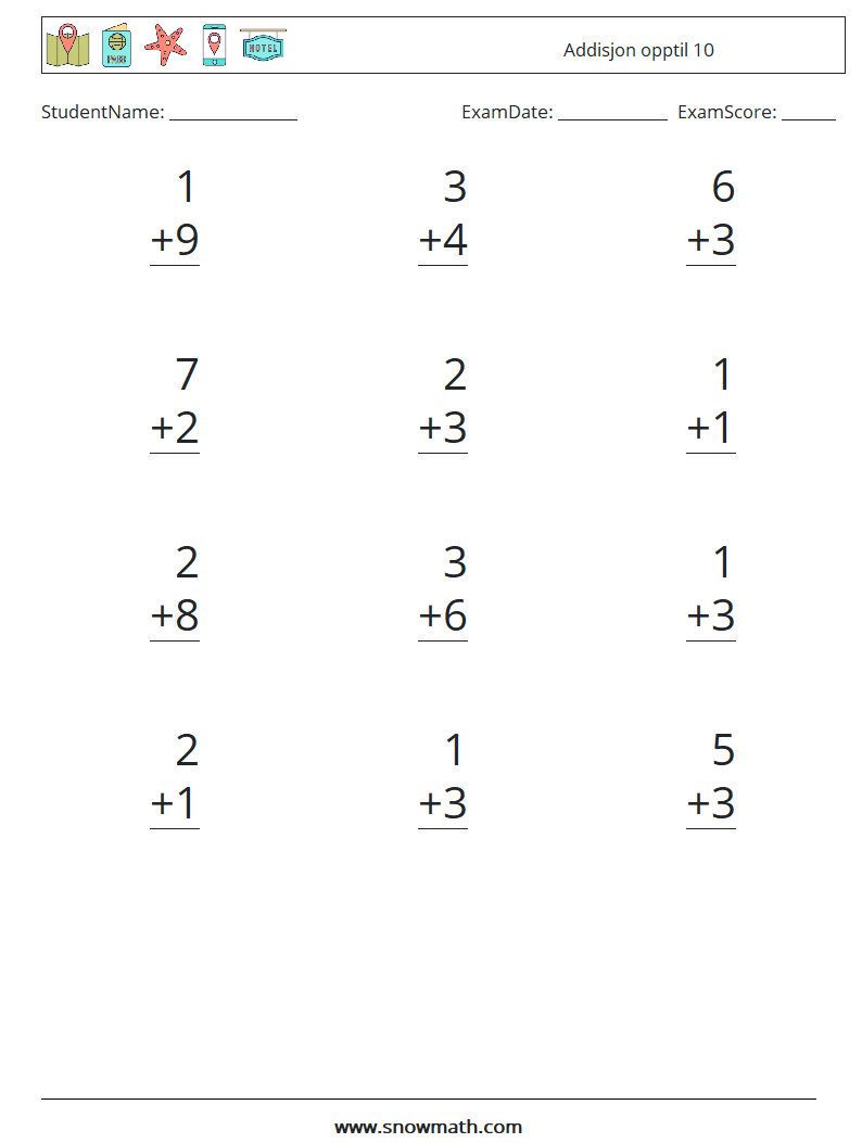 (12) Addisjon opptil 10 MathWorksheets 5