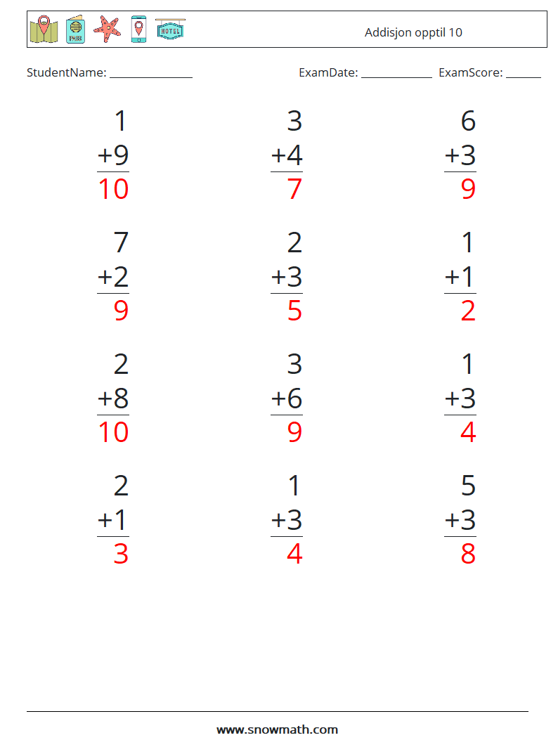 (12) Addisjon opptil 10 MathWorksheets 5 QuestionAnswer