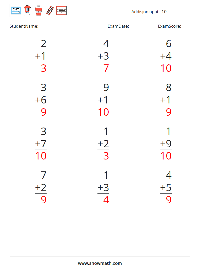 (12) Addisjon opptil 10 MathWorksheets 6 QuestionAnswer