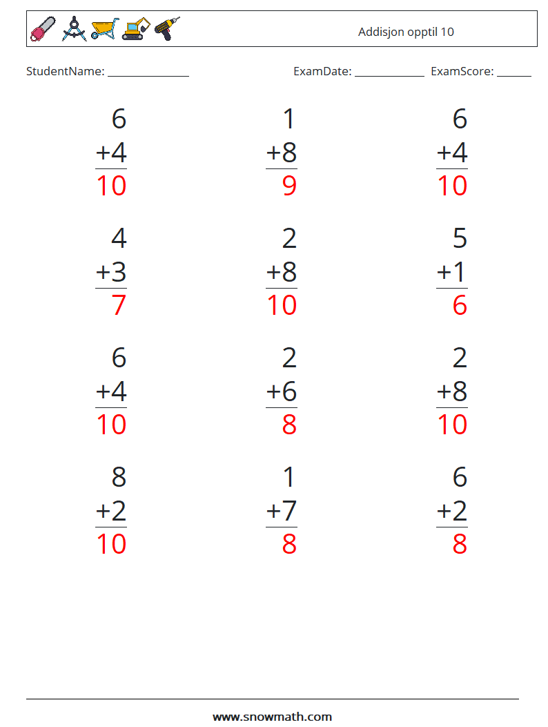 (12) Addisjon opptil 10 MathWorksheets 7 QuestionAnswer