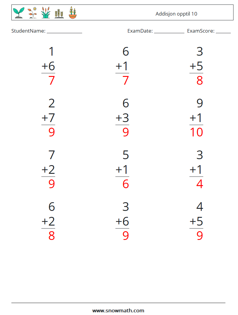 (12) Addisjon opptil 10 MathWorksheets 8 QuestionAnswer