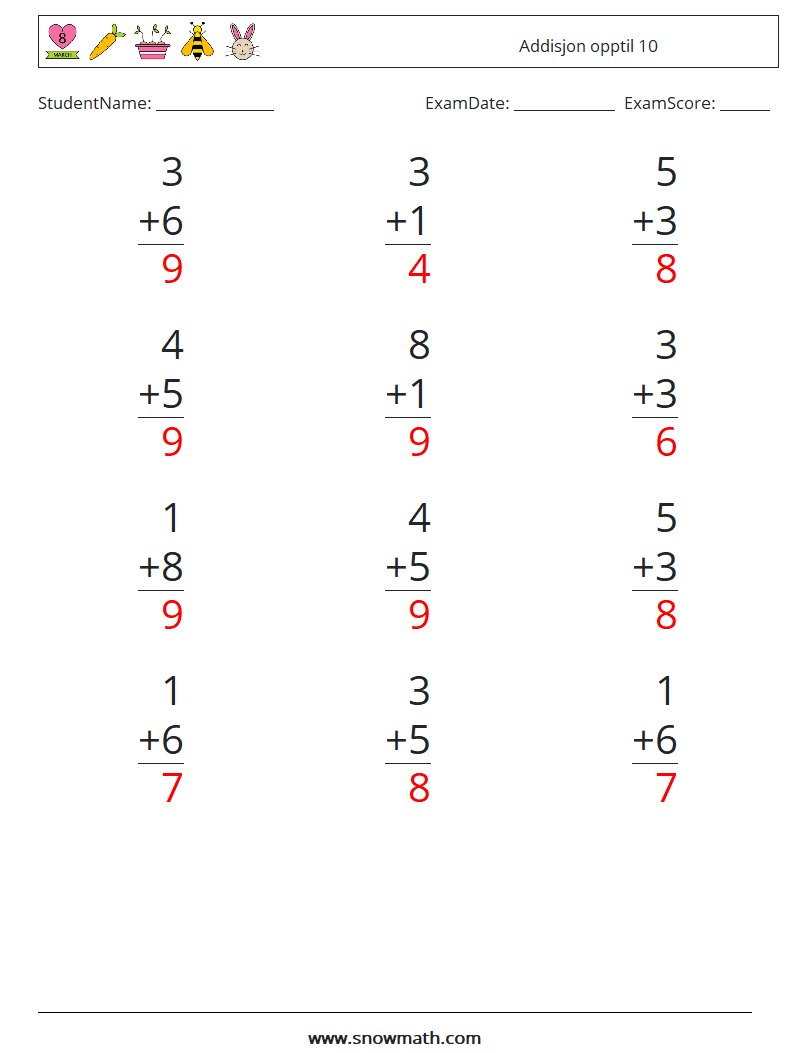 (12) Addisjon opptil 10 MathWorksheets 9 QuestionAnswer