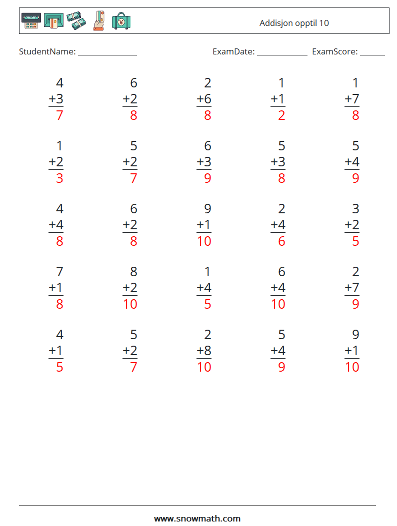 (25) Addisjon opptil 10 MathWorksheets 4 QuestionAnswer