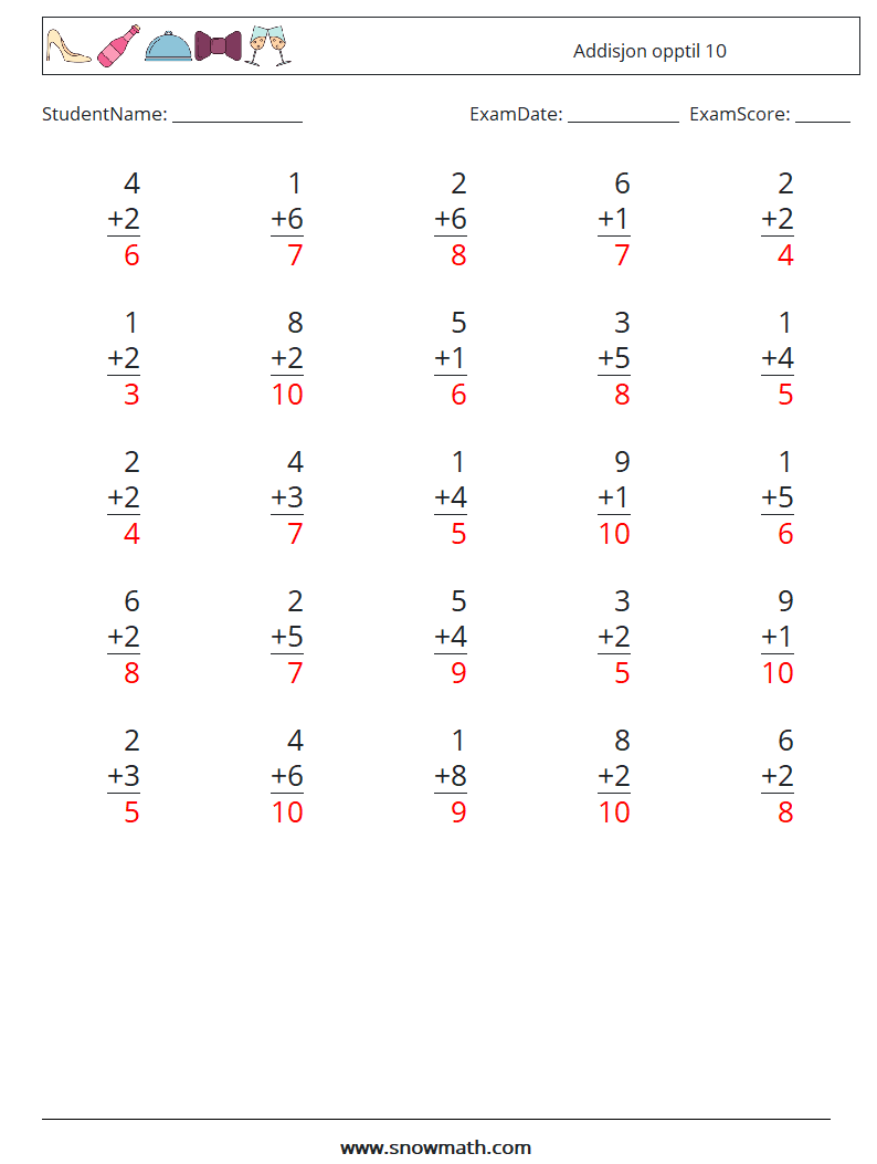 (25) Addisjon opptil 10 MathWorksheets 5 QuestionAnswer