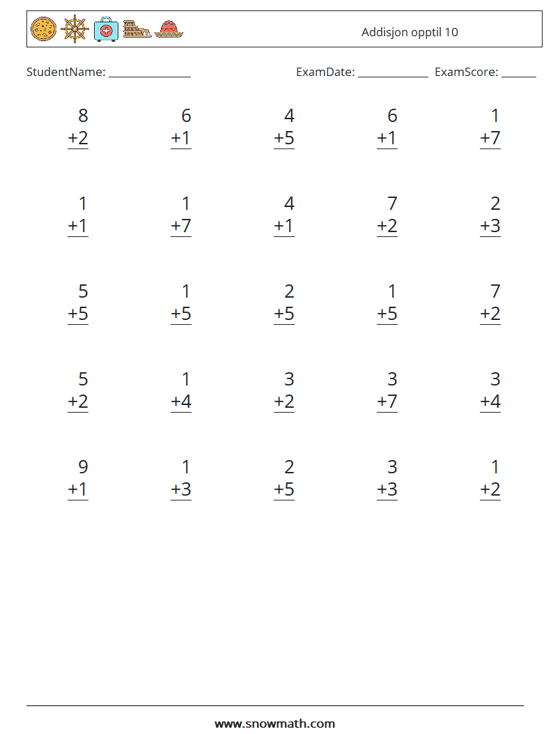 (25) Addisjon opptil 10 MathWorksheets 6