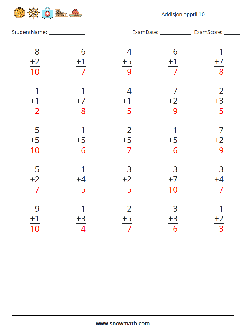 (25) Addisjon opptil 10 MathWorksheets 6 QuestionAnswer