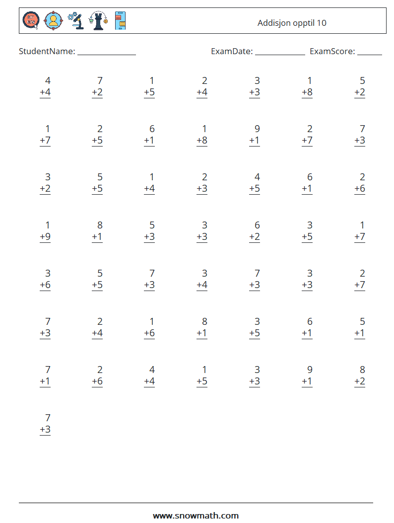 (50) Addisjon opptil 10 MathWorksheets 1