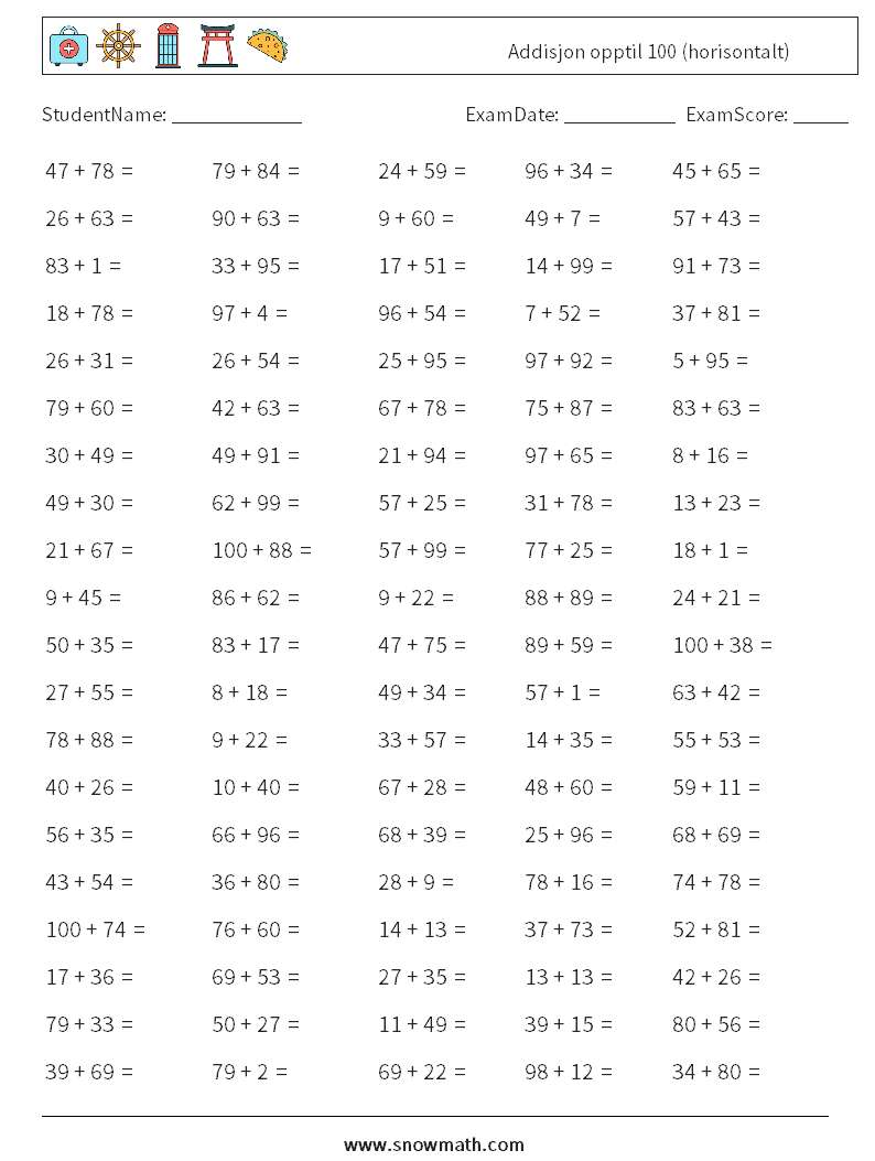 (100) Addisjon opptil 100 (horisontalt) MathWorksheets 1