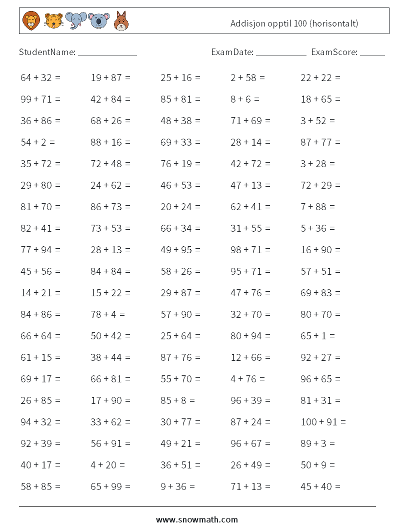 (100) Addisjon opptil 100 (horisontalt) MathWorksheets 3