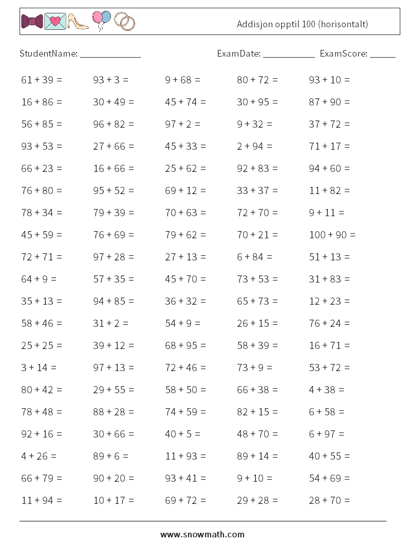 (100) Addisjon opptil 100 (horisontalt) MathWorksheets 4