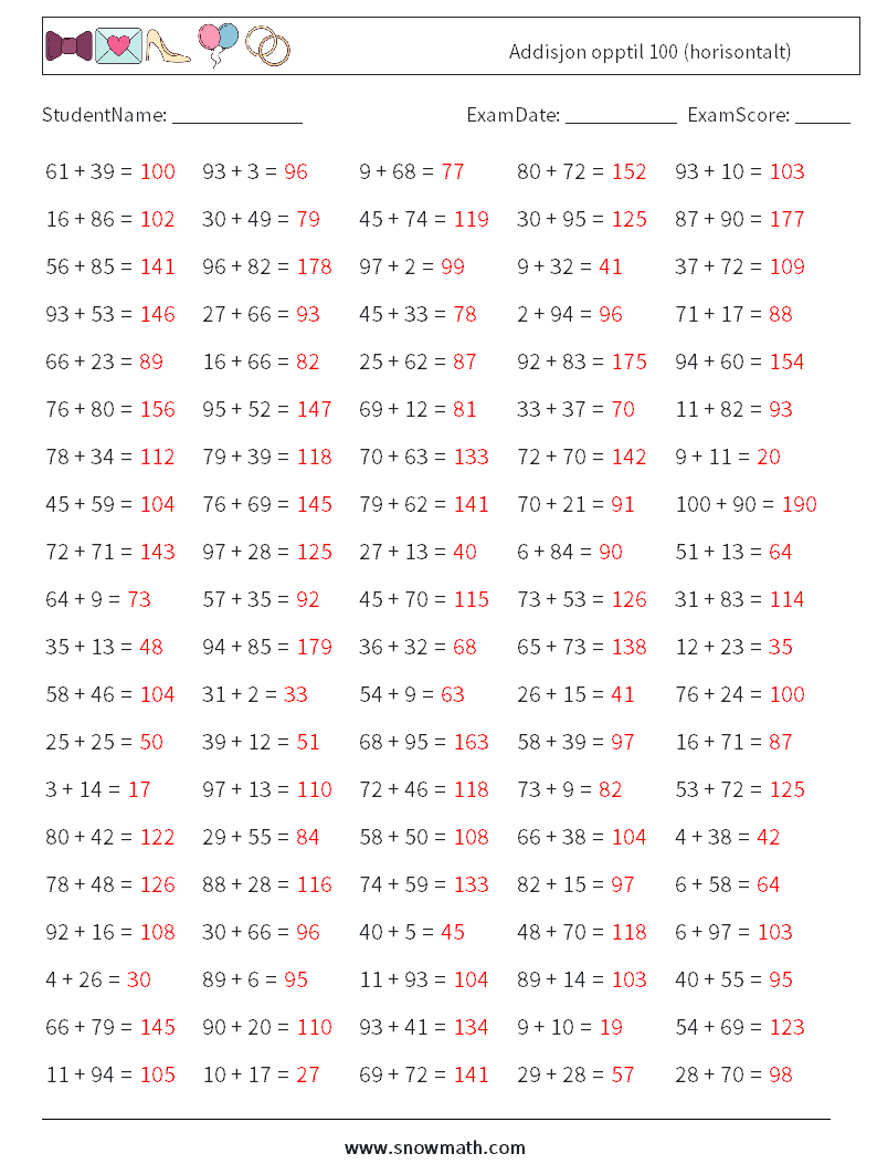 (100) Addisjon opptil 100 (horisontalt) MathWorksheets 4 QuestionAnswer