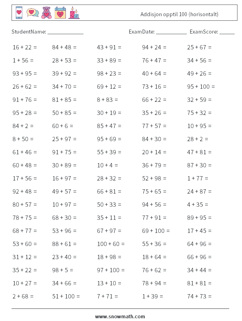 (100) Addisjon opptil 100 (horisontalt) MathWorksheets 5