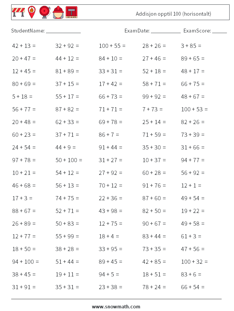 (100) Addisjon opptil 100 (horisontalt) MathWorksheets 6