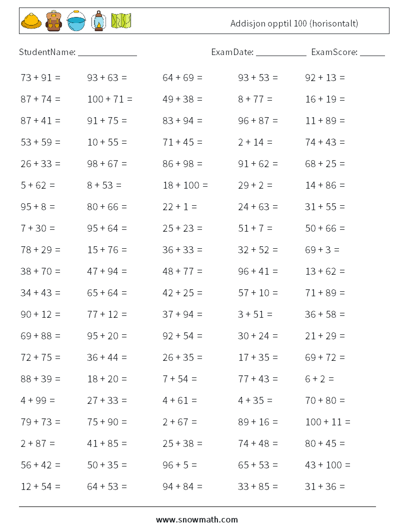 (100) Addisjon opptil 100 (horisontalt) MathWorksheets 7