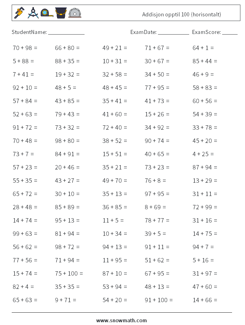 (100) Addisjon opptil 100 (horisontalt) MathWorksheets 8