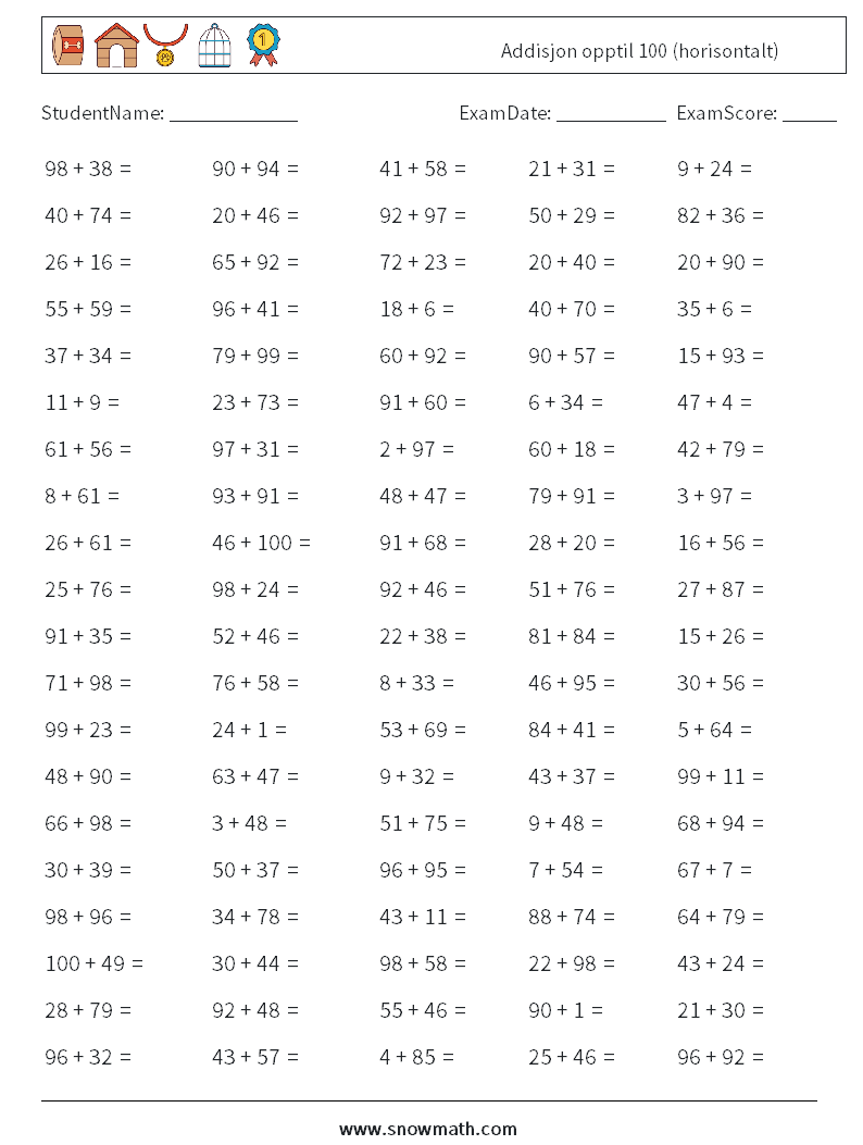 (100) Addisjon opptil 100 (horisontalt) MathWorksheets 9