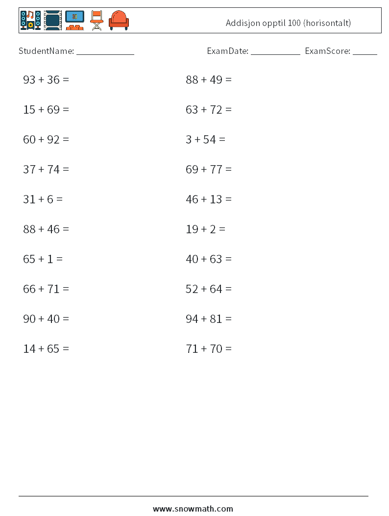 (20) Addisjon opptil 100 (horisontalt) MathWorksheets 1