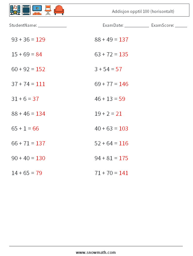 (20) Addisjon opptil 100 (horisontalt) MathWorksheets 1 QuestionAnswer