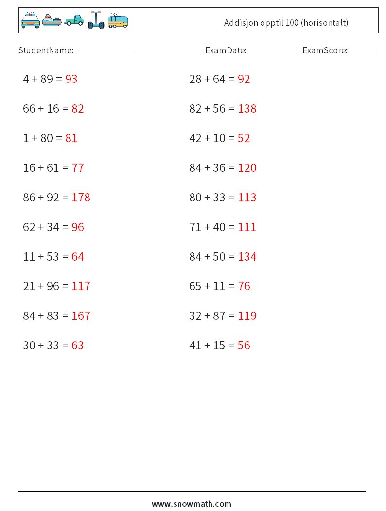 (20) Addisjon opptil 100 (horisontalt) MathWorksheets 2 QuestionAnswer