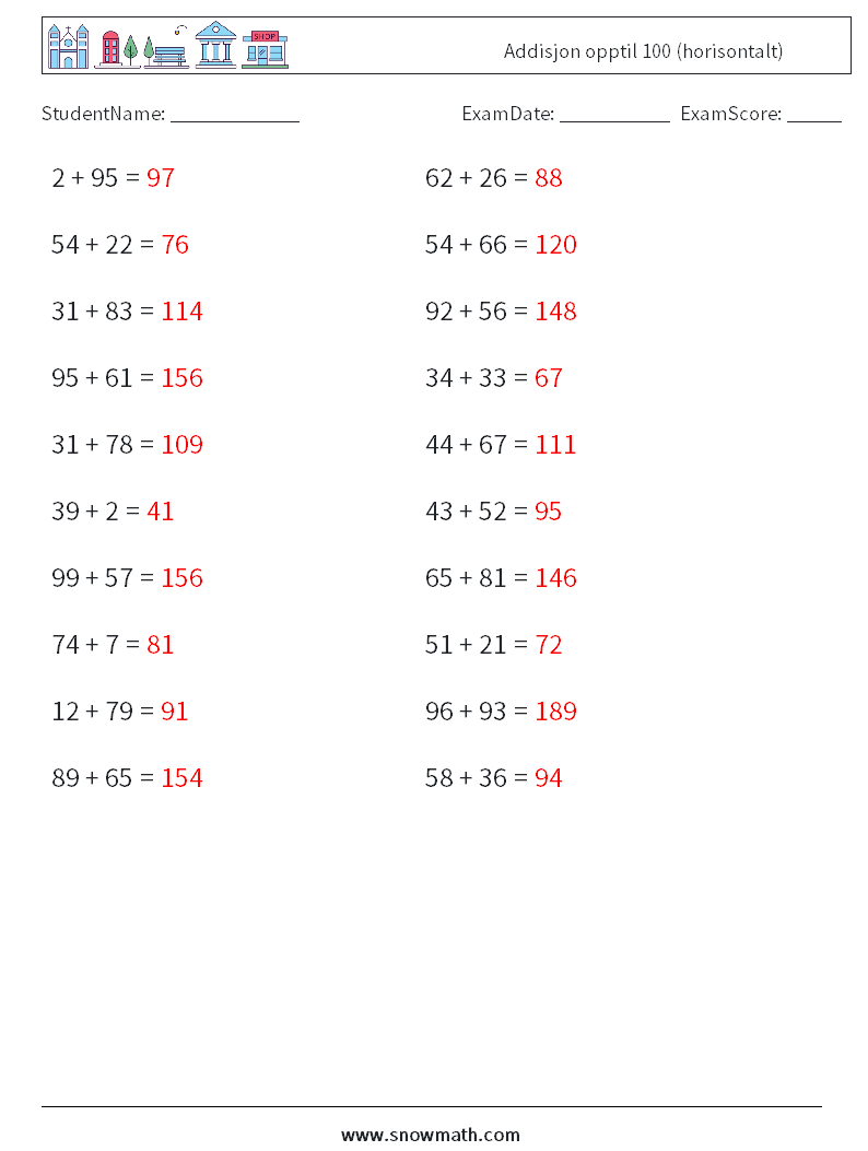 (20) Addisjon opptil 100 (horisontalt) MathWorksheets 5 QuestionAnswer