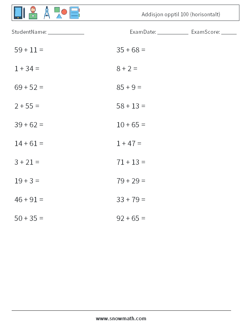 (20) Addisjon opptil 100 (horisontalt) MathWorksheets 6