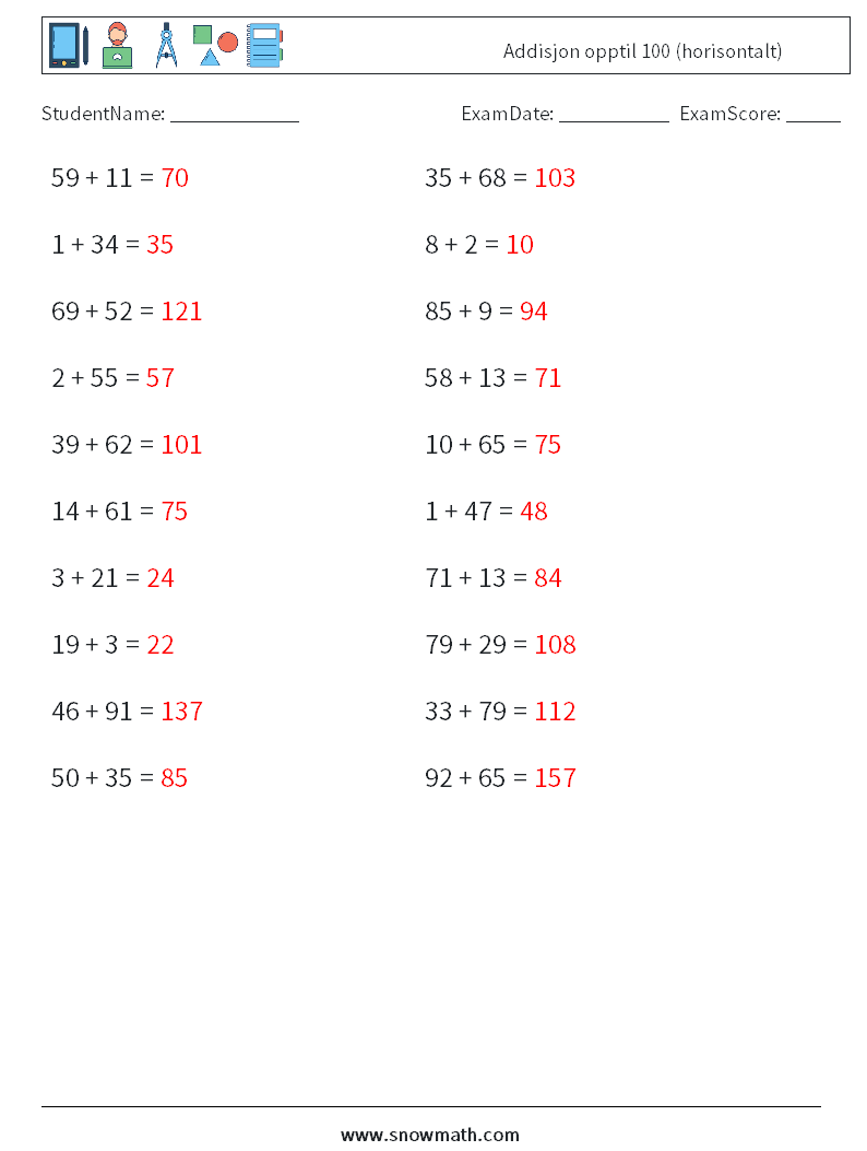 (20) Addisjon opptil 100 (horisontalt) MathWorksheets 6 QuestionAnswer