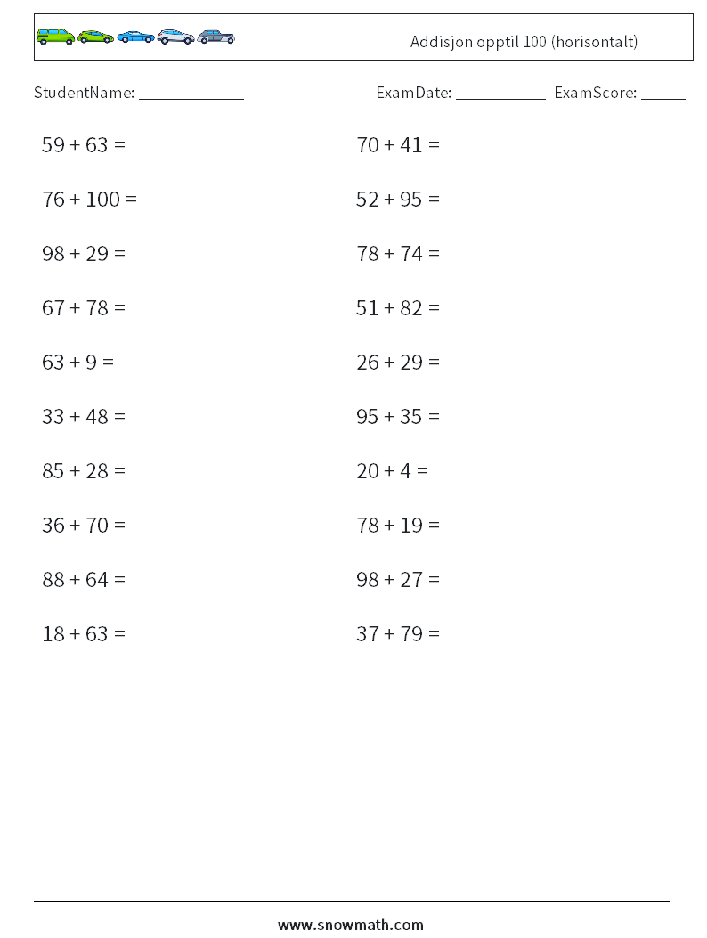 (20) Addisjon opptil 100 (horisontalt) MathWorksheets 7