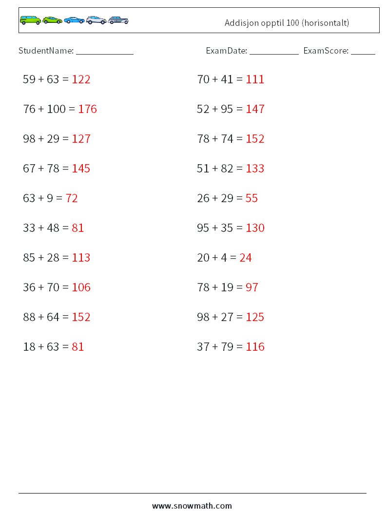 (20) Addisjon opptil 100 (horisontalt) MathWorksheets 7 QuestionAnswer