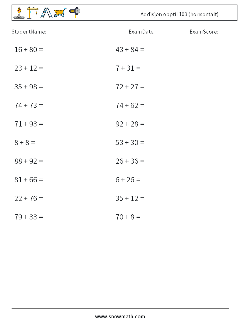 (20) Addisjon opptil 100 (horisontalt) MathWorksheets 8