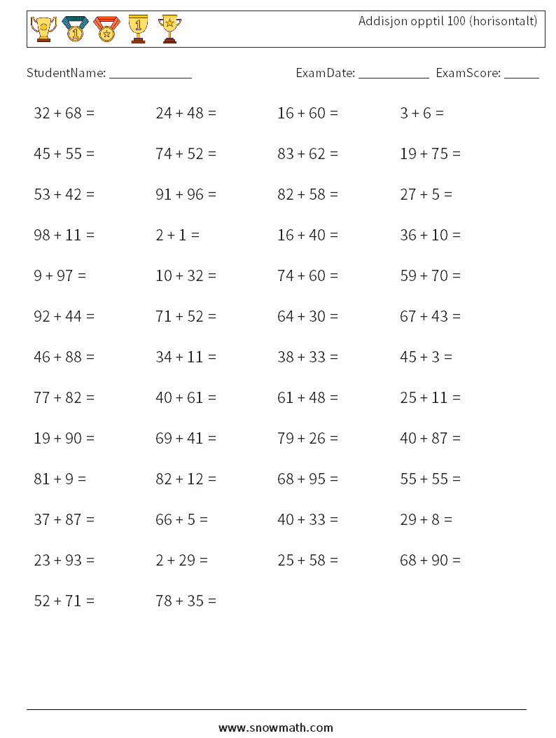 (50) Addisjon opptil 100 (horisontalt) MathWorksheets 1