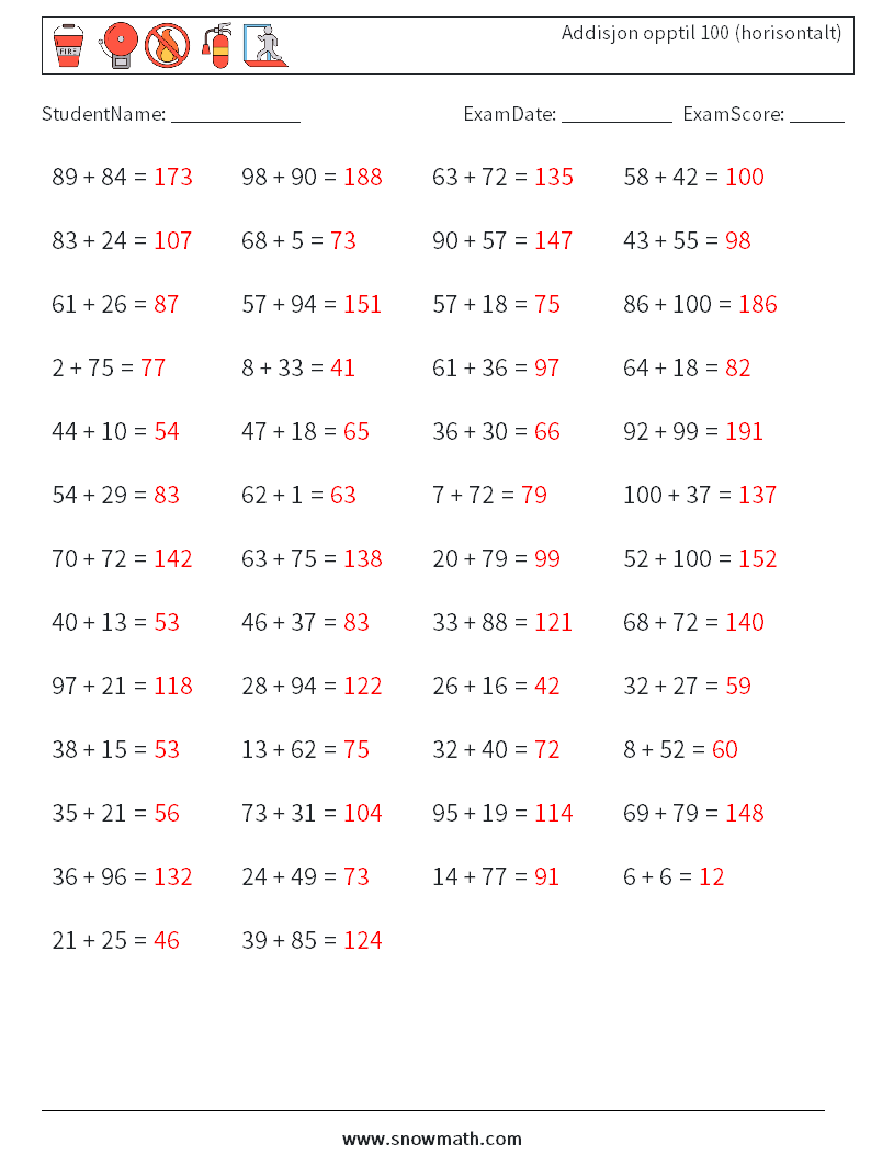 (50) Addisjon opptil 100 (horisontalt) MathWorksheets 2 QuestionAnswer