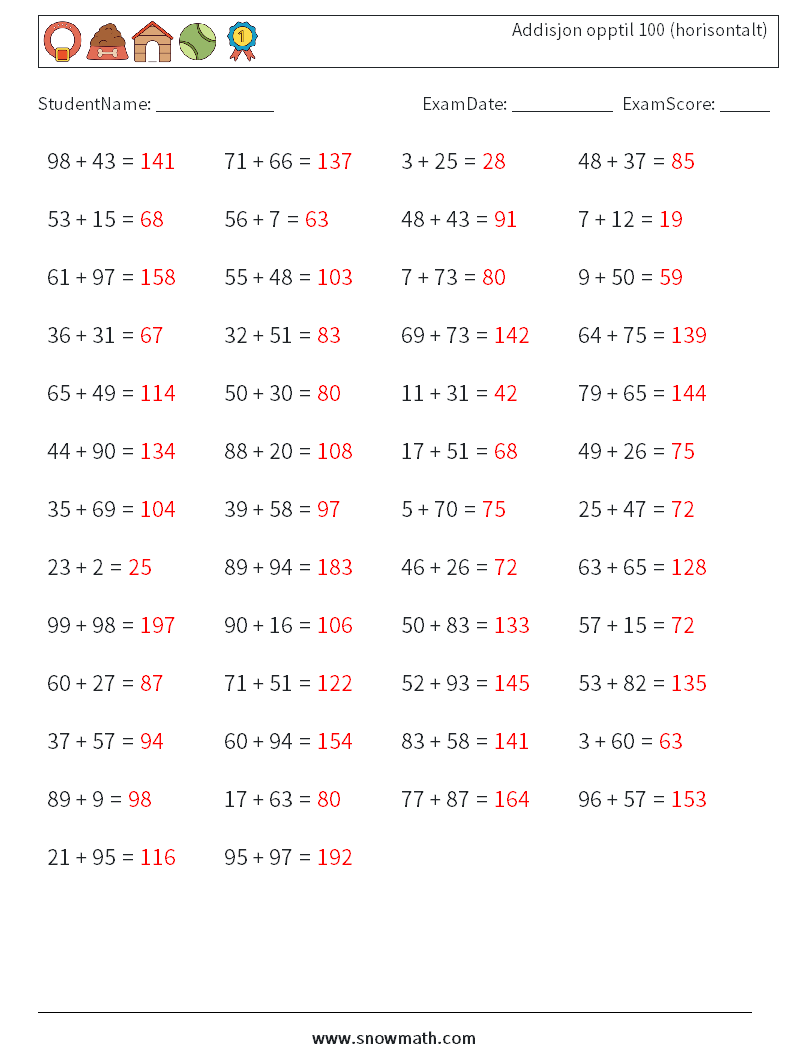 (50) Addisjon opptil 100 (horisontalt) MathWorksheets 6 QuestionAnswer