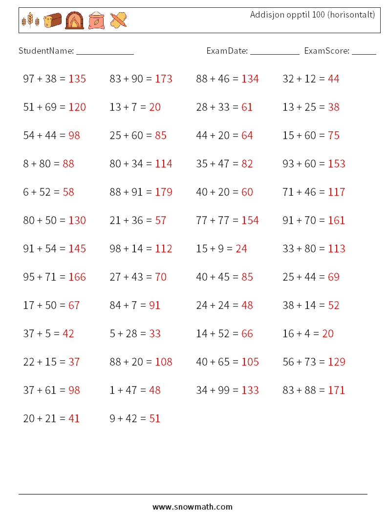 (50) Addisjon opptil 100 (horisontalt) MathWorksheets 7 QuestionAnswer