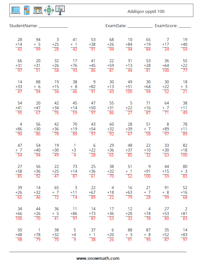 (100) Addisjon opptil 100 MathWorksheets 6 QuestionAnswer