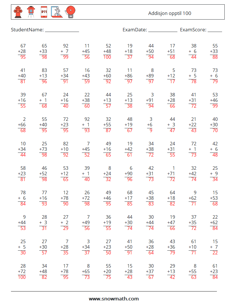 (100) Addisjon opptil 100 MathWorksheets 8 QuestionAnswer