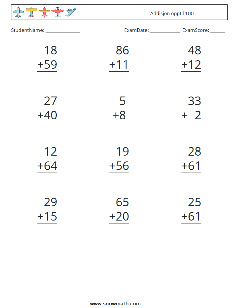 (12) Addisjon opptil 100 MathWorksheets 1