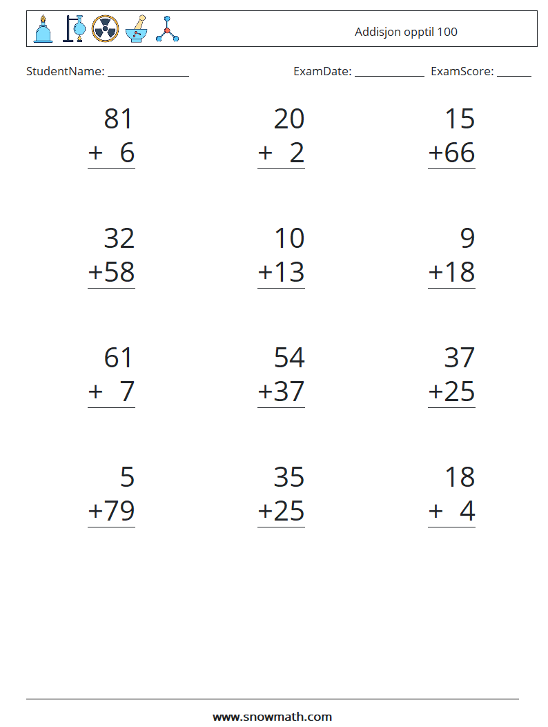 (12) Addisjon opptil 100 MathWorksheets 10