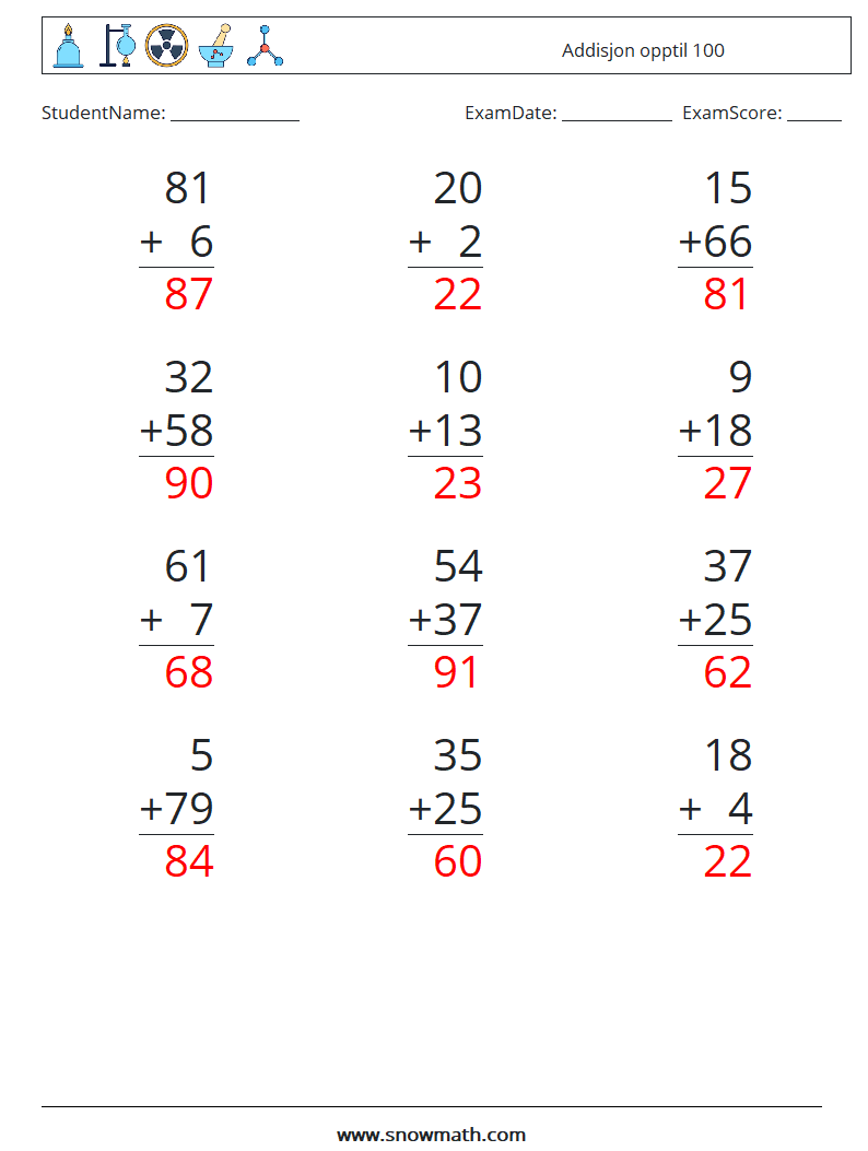 (12) Addisjon opptil 100 MathWorksheets 10 QuestionAnswer