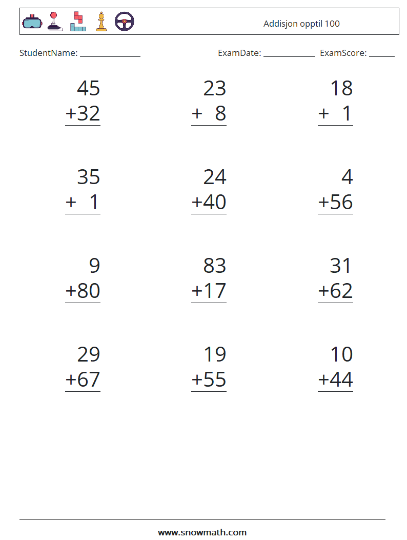 (12) Addisjon opptil 100 MathWorksheets 12