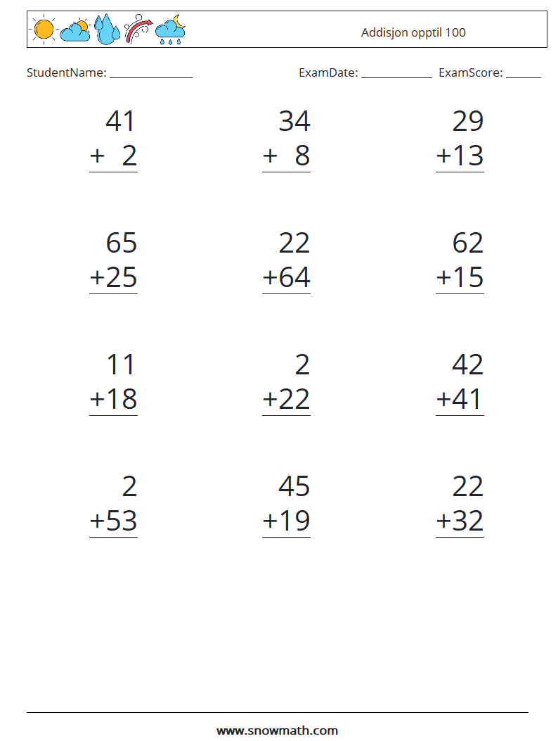 (12) Addisjon opptil 100 MathWorksheets 13